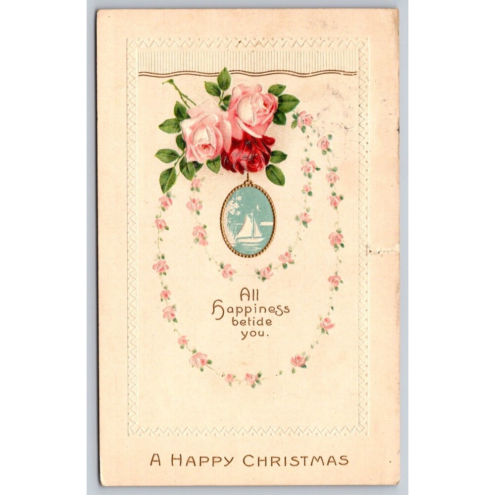 Antique Postcard Happy Christmas Roses Sailboat Embossed Posted c1910 Maryland